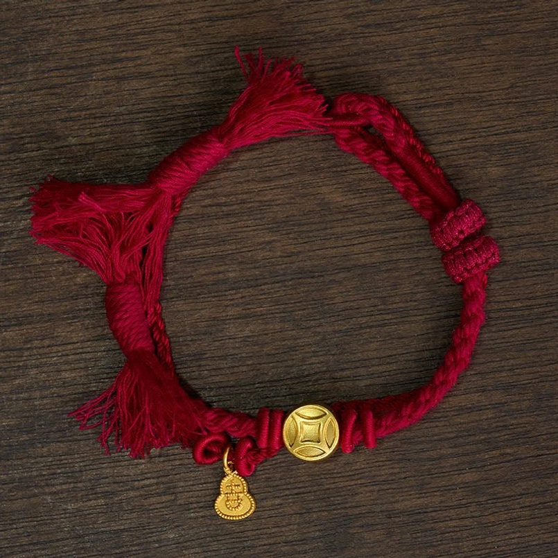 Full Display Double Strand Red String Bracelet with Gourd and Coin Pendants