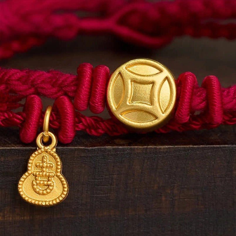 Close Up View Engraved Gold Gourd and Coin Pendant Red String Bracelet