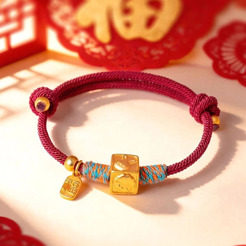 Red string bracelet close-up showing handmade craftsmanship and copper alloy charm details