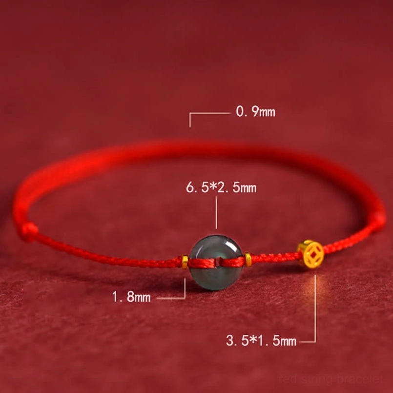 Red string bracelet with jade peace buckle and copper coin - detailed side view showing dimensions and component sizes