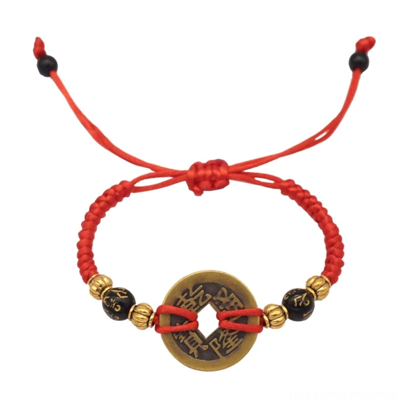 Red string braided knot detail, handmade Tibetan weave copper coin bracelet adjustment