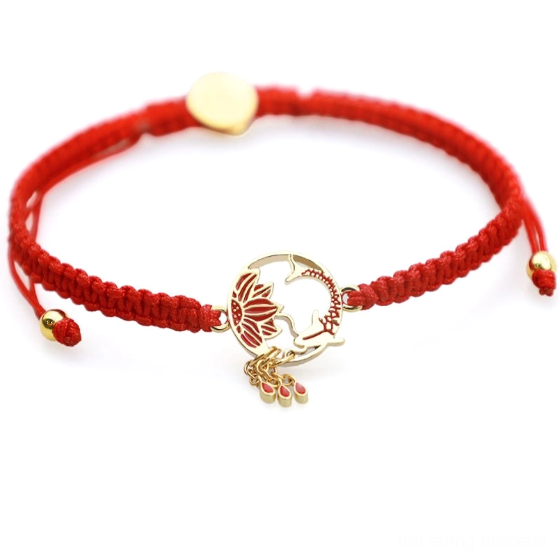 Lotus koi fish red string bracelet with metal charm and adjustable closure - light background