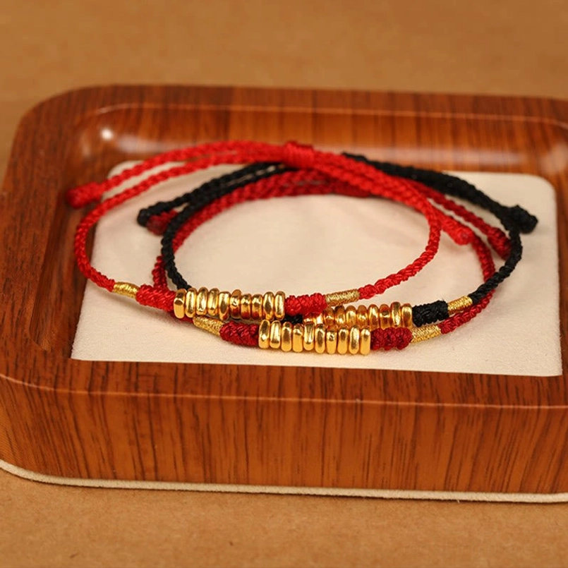 Red string bracelet multiple views gold beads Kabbalah protection