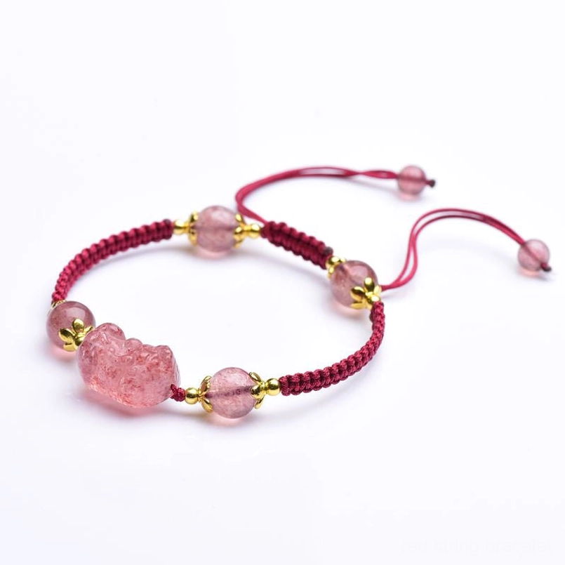 Pair of matching strawberry quartz red string bracelets with sliding closure