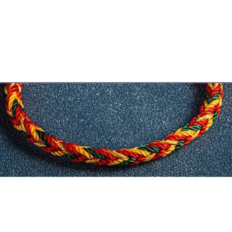 Red string bracelet with multicolor threads and silver charm showing traditional eight-thread four branch sacred design