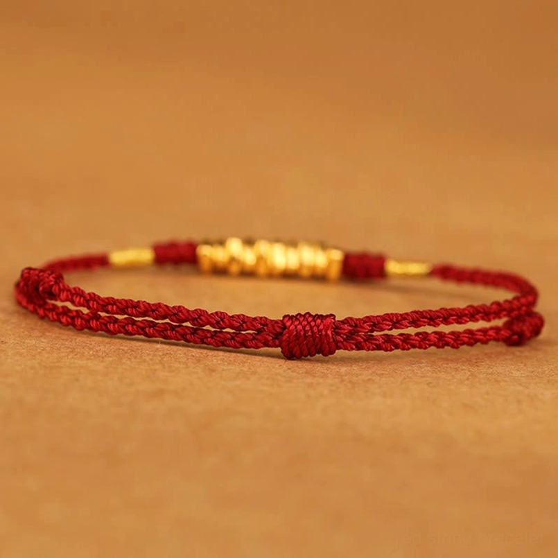 Red string protection bracelet gold beads side view adjustable