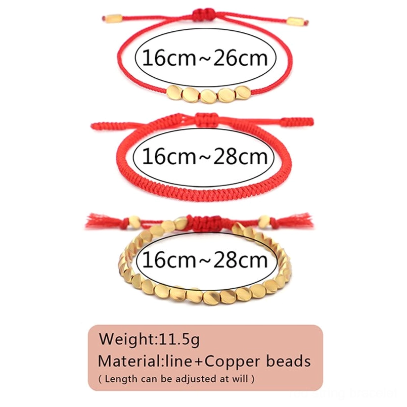 Red string bracelet sizing chart showing three variants 16cm to 28cm wax cord copper beads