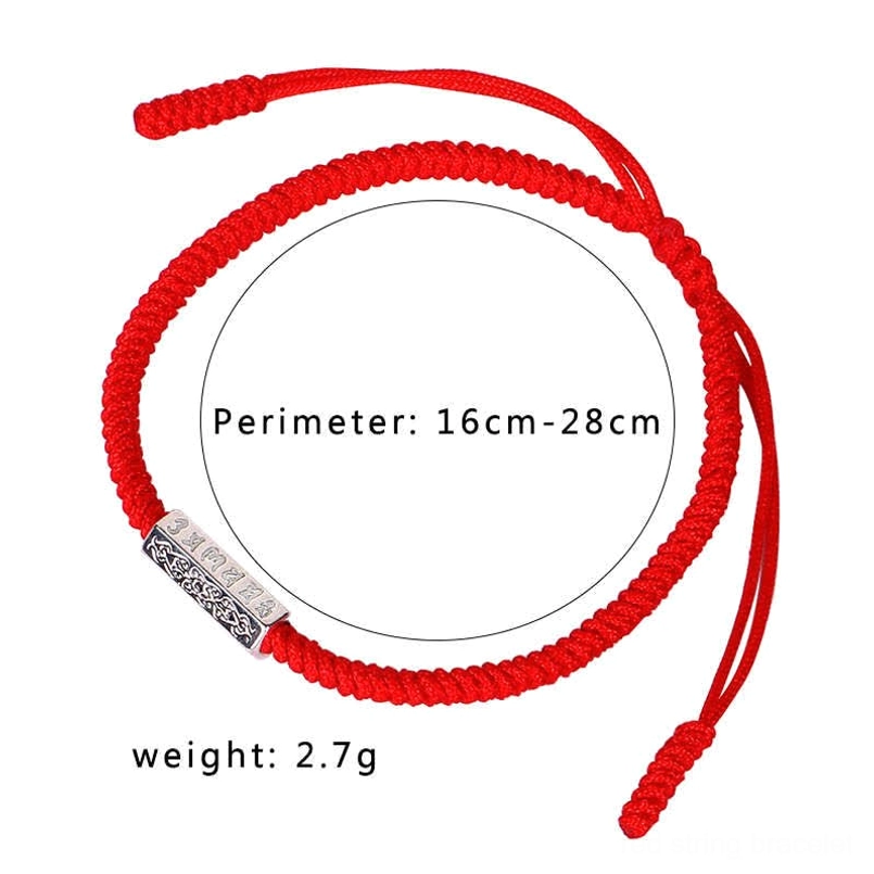 Red Om Mani Padme Hum protection bracelet flat lay with size and weight specifications