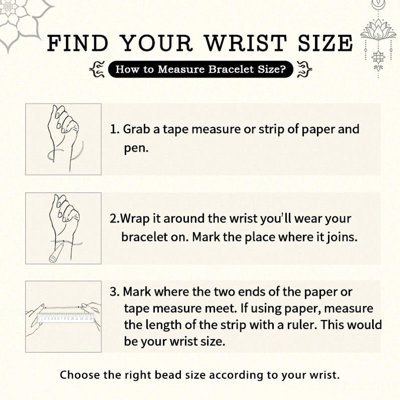 Red string bracelet sizing guide with wrist measurement tutorial steps
