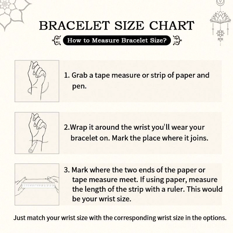 Bracelet size measurement guide showing step-by-step wrist sizing instructions on white background