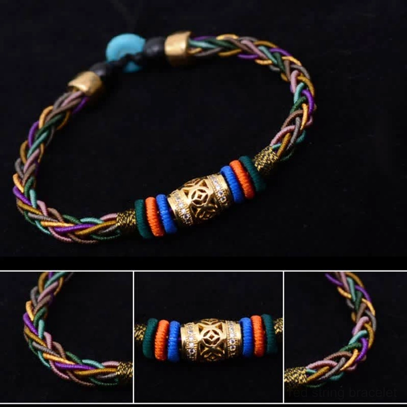 Handmade lucky red string bracelet with turquoise beads and copper coin accent