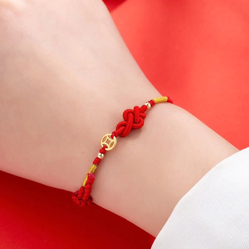 Red String Ruyi Knot Copper Coin Bracelet Worn On Wrist Daily Wear