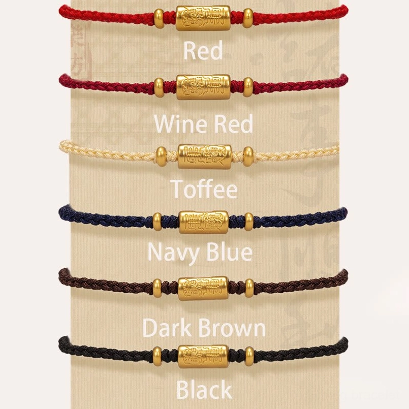 Multiple color red string bracelets with gold carved charms - full color collection