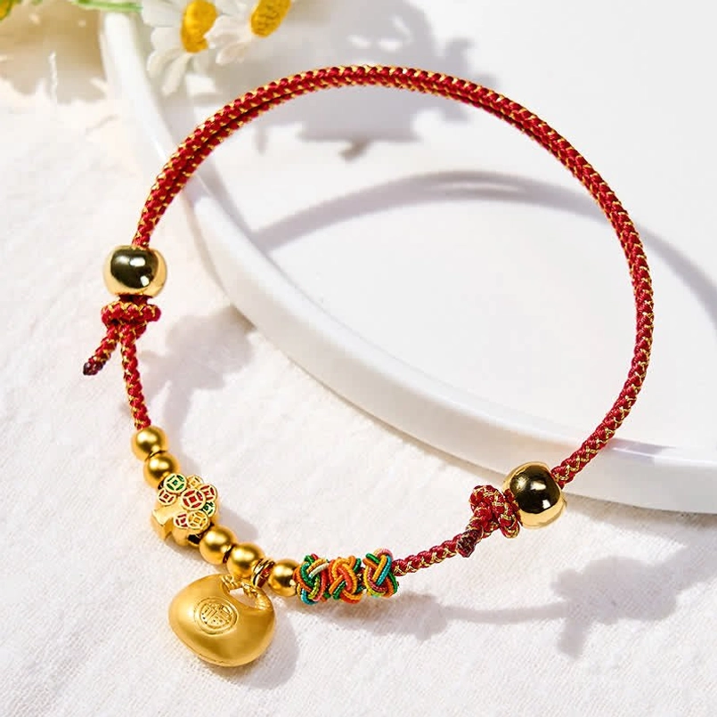 Red string braided pet collar with gold accents and prosperity charm for cats dogs