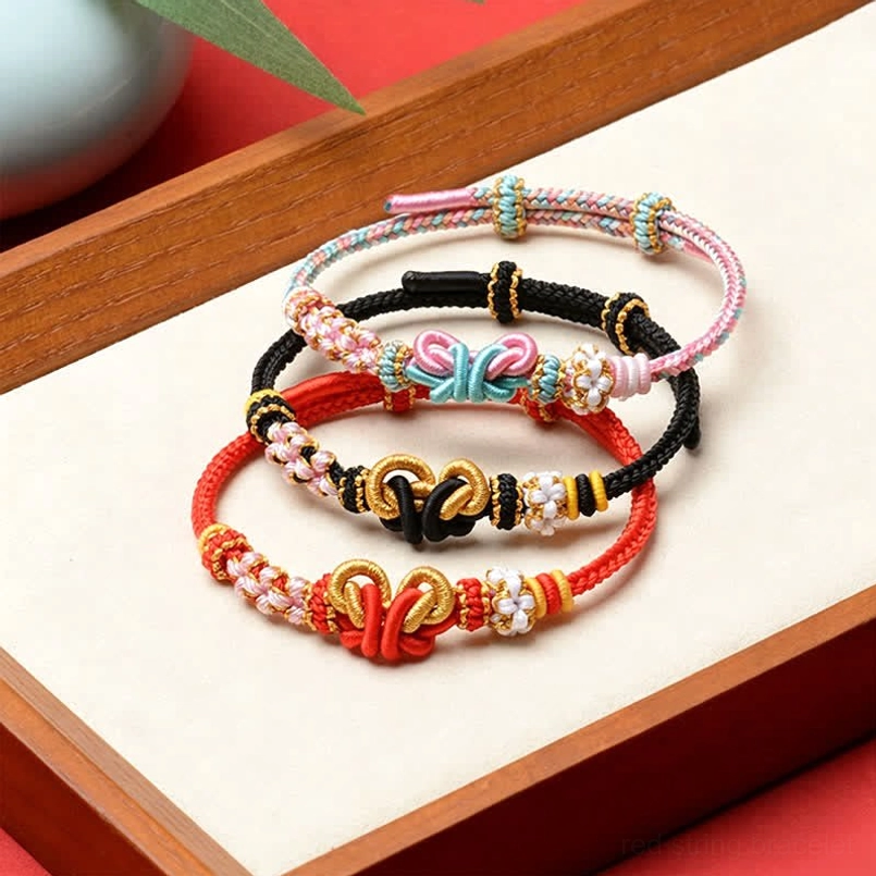 Handmade woven red string butterfly bracelet adjustable size protection luck charm
