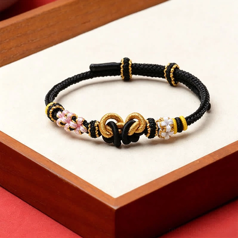 Black woven red string butterfly bracelet with gold accents and beaded flower charm flat lay