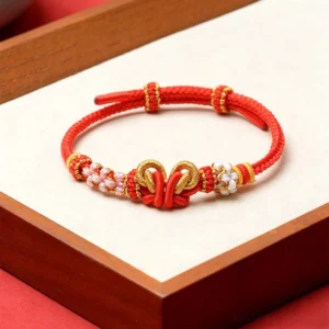 Red braided red string butterfly bracelet with gold double knot and beaded flower details on wooden tray