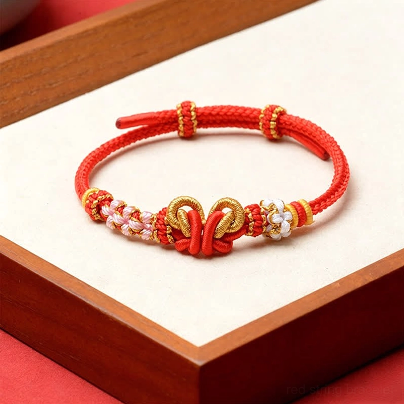 Red braided red string butterfly bracelet with gold double knot and beaded flower details on wooden tray