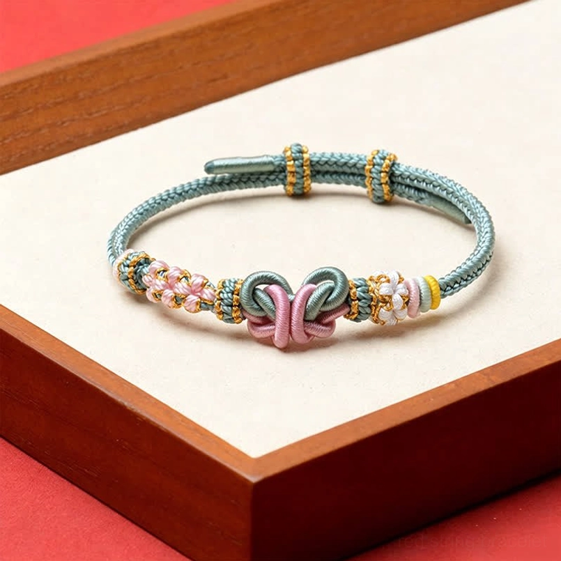 Light turquoise adjustable red string butterfly bracelet with beaded flower and decorative knot