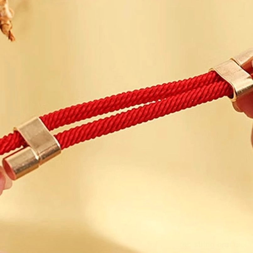 Close-up of red rope pet collar adjustment mechanism with gold hardware