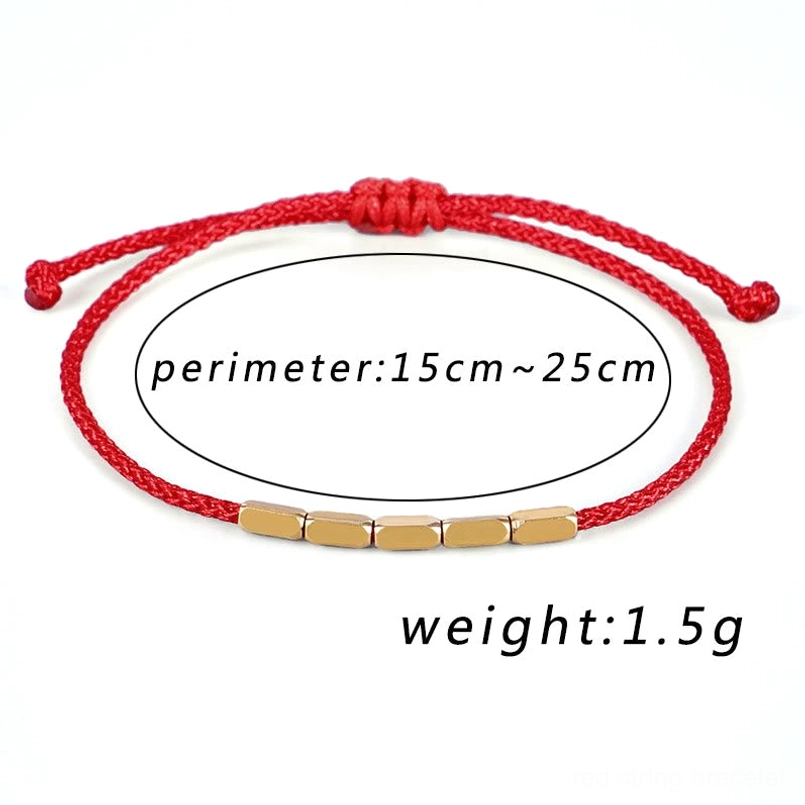 Red string bracelet with copper beads showing size measurement 15-25cm and 1.5g weight