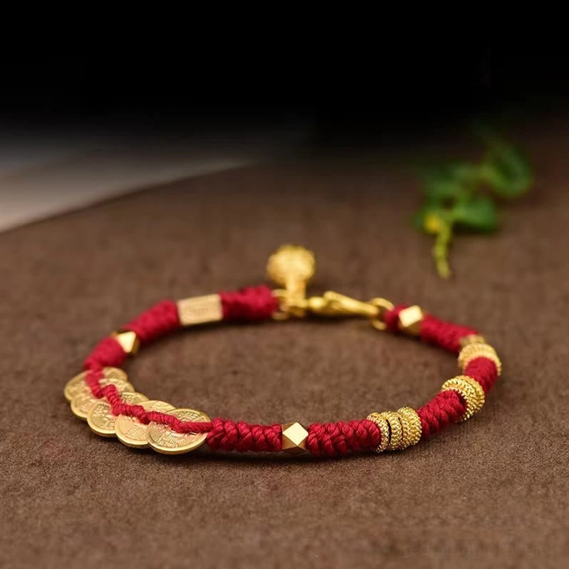 Five Emperor Coins Red String Feng Shui Bracelet Front Flat Side View