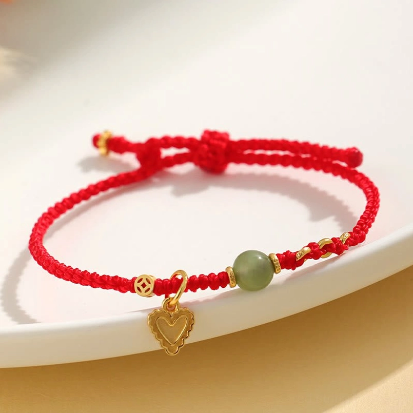 Red string fortune bracelet adjustable closure hetian jade heart charm