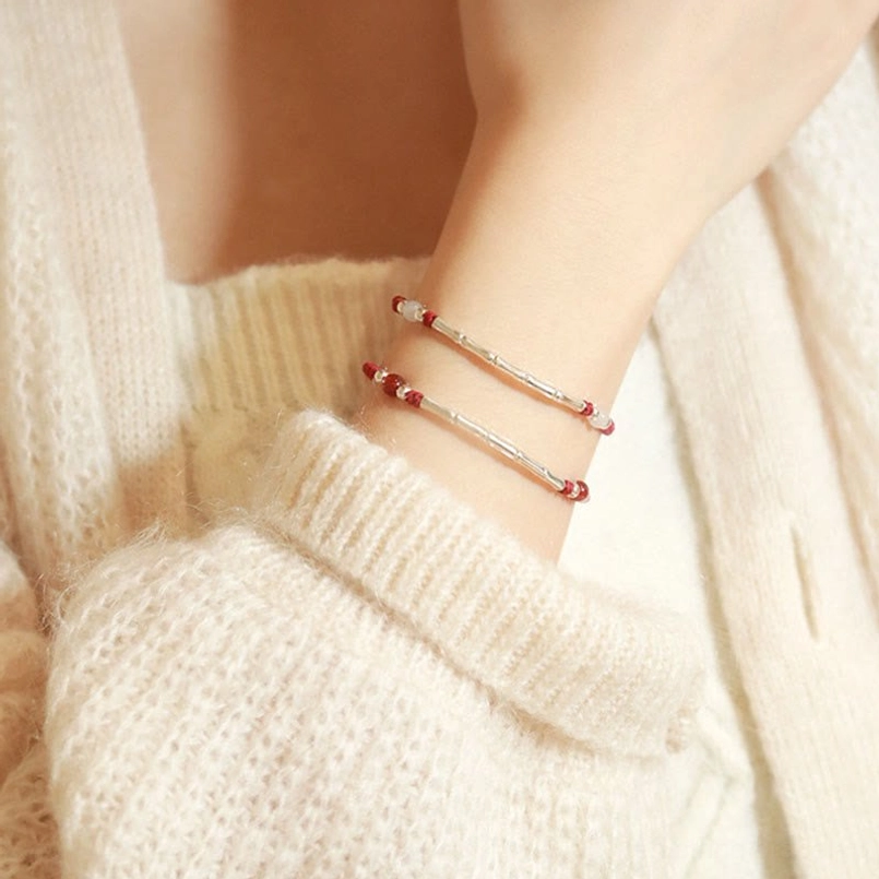 Red string fortune bracelet with silver bamboo beads spiritual protection