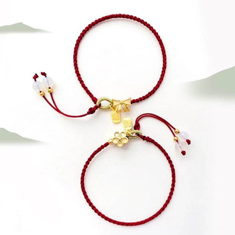 Red string peach blossom and bow knot Fu bracelets styling guide showing how to wear lucky bracelets