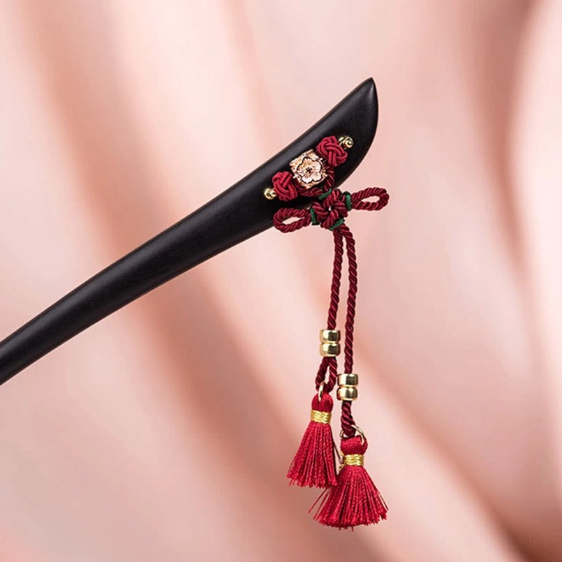 Red string tassel hairpin with traditional Chinese knot craftsmanship