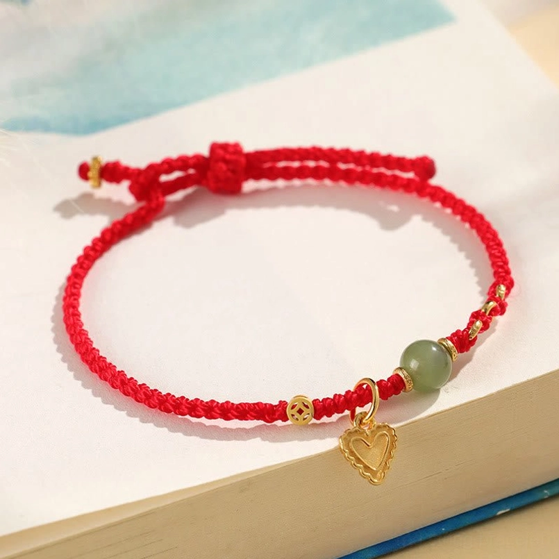 Red string luck bracelet with hetian jade and hollow gold coin charm