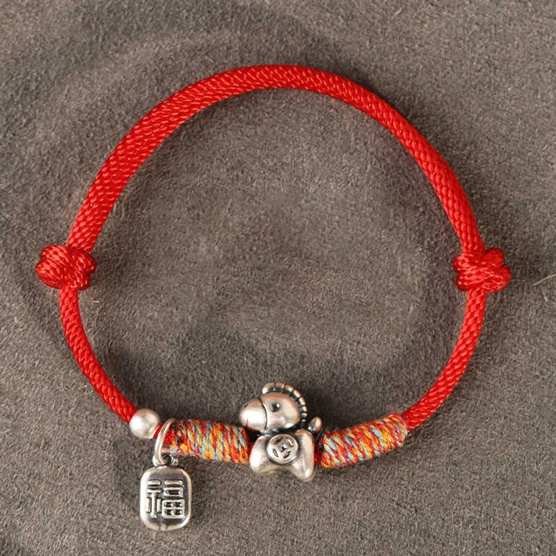 Red string wearable Year of the Horse fu character silver luck and protection bracelet adjustable fit