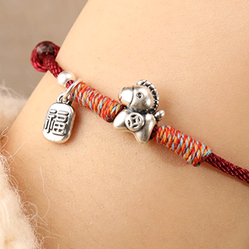 Red string Horse zodiac fu character sterling silver bracelet spiritual protection talisman
