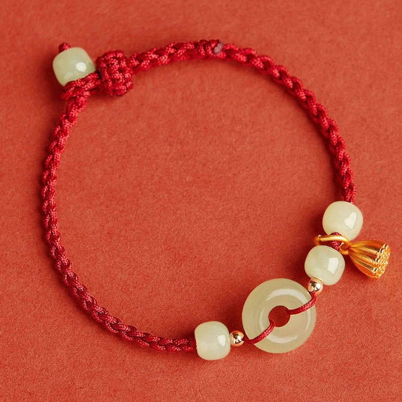 Complete red string jade peace buckle bracelet full view