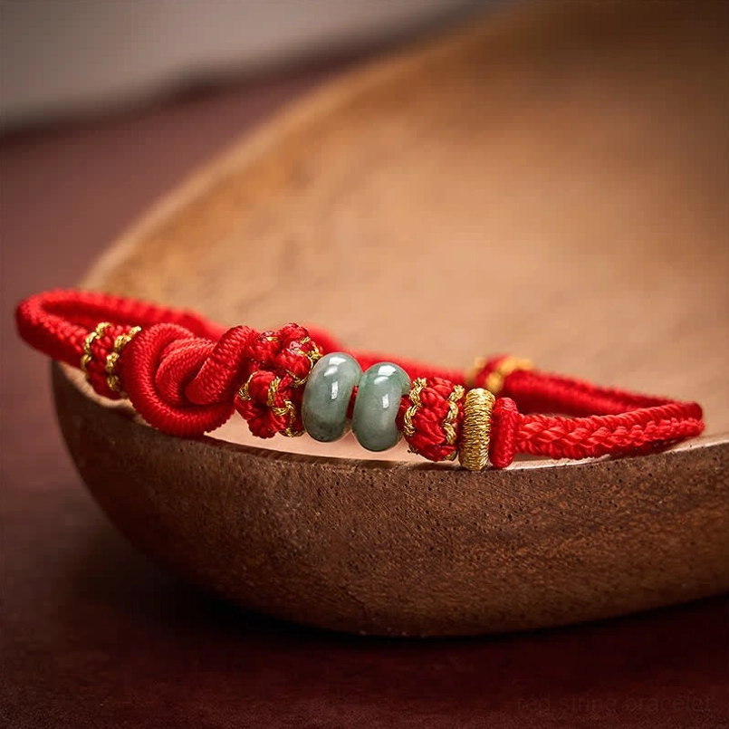 Chinese knot jade bracelet detail shot showing woven red cord and jade beads