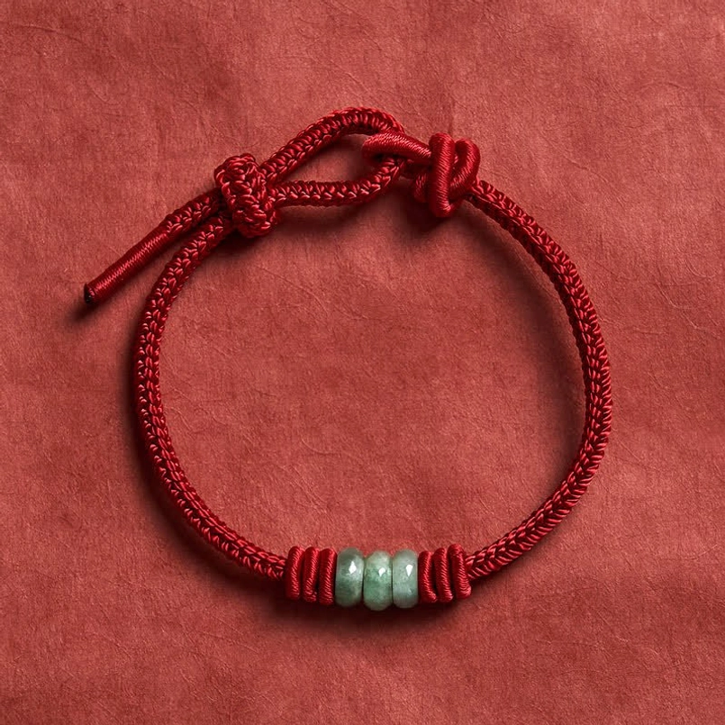 Complete red string jade bracelet loop showing full braided design with jade beads and dual adjustment knots