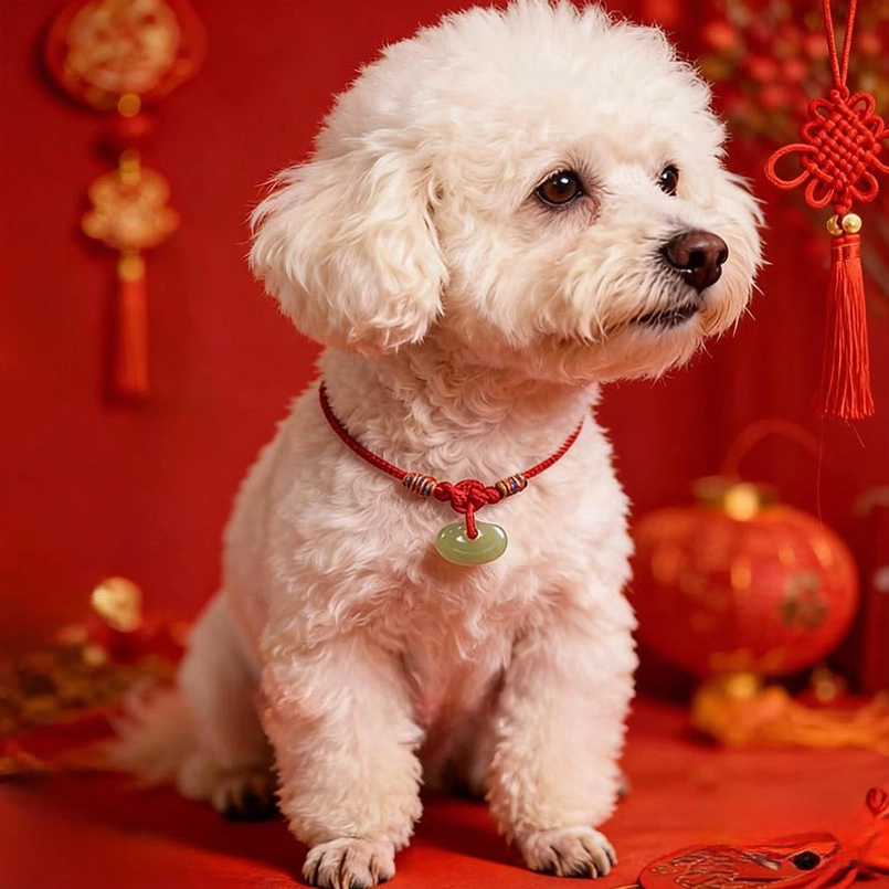 Red string jade pet collar showing adjustable sliding knots and secure fit design