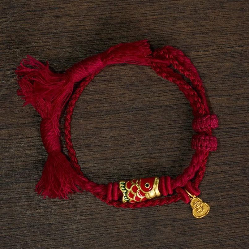Red Rope Koi Fish Gourd Charm Bracelet - Flat Lay Detail Shot with Braided Knots
