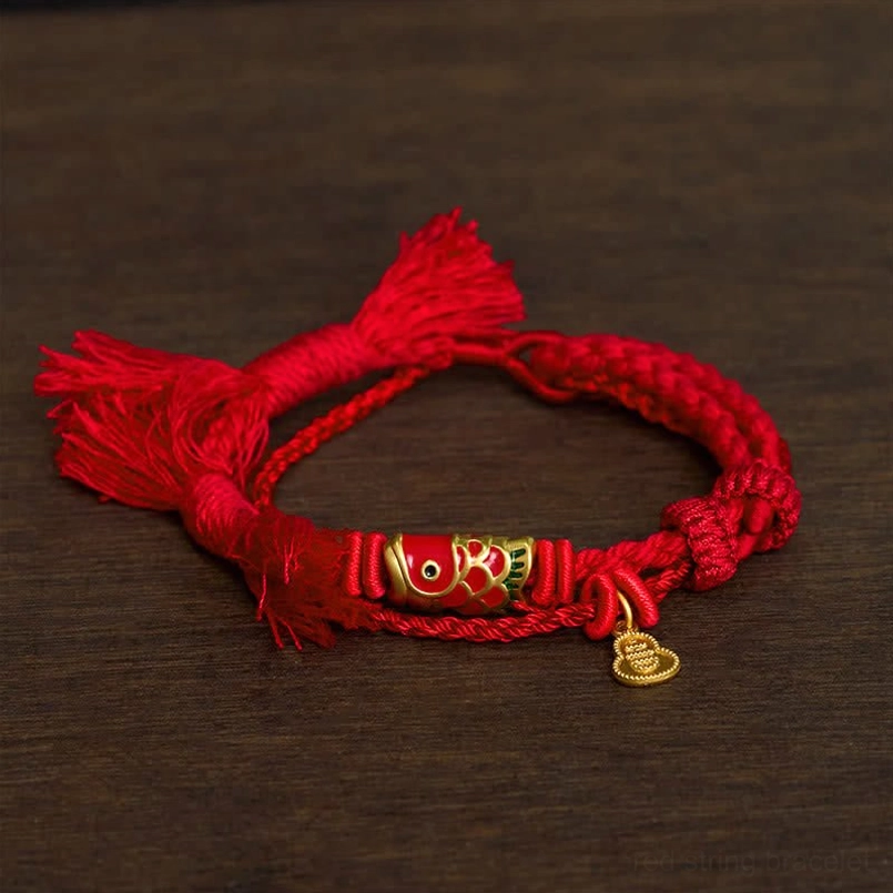 Red Rope Koi Fish Gourd Bracelet with Tassel Ends - Front Display