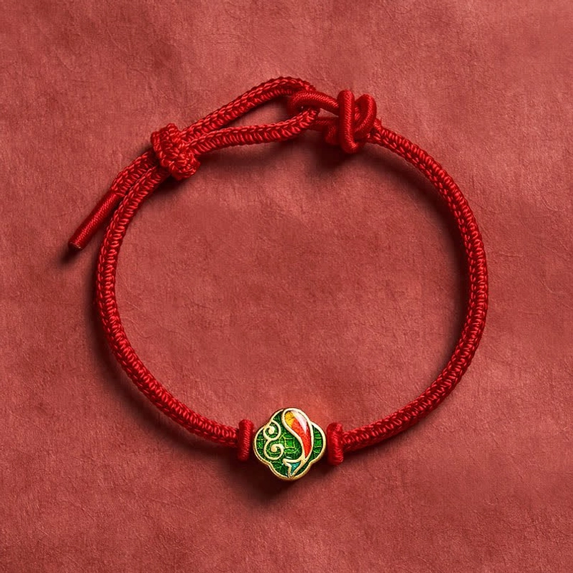 Red string koi fish charm bracelet with copper alloy frame, protective spiritual jewelry