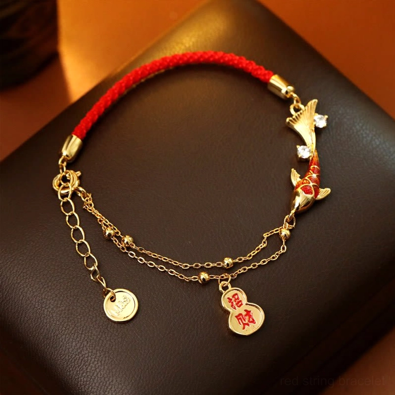 Red string koi fortune bracelet with dual gourd pendant and enamel koi decoration in luxury jewelry box