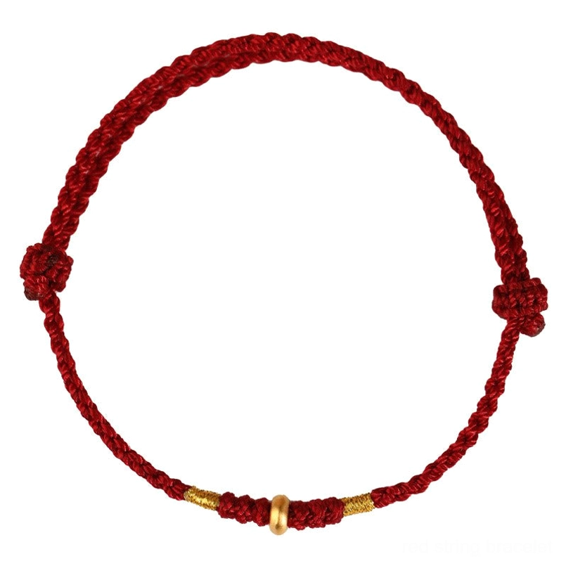Red braided lucky bracelet with adjustable side knots full circle display