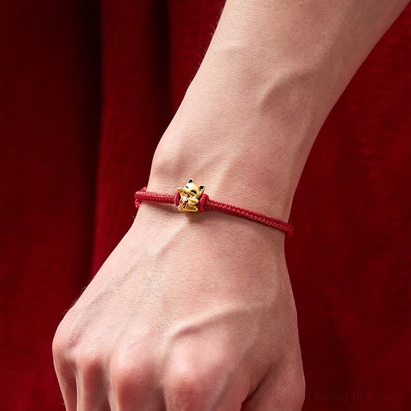 Red string lucky cat fortune bracelet handmade artisan piece with adjustable fit