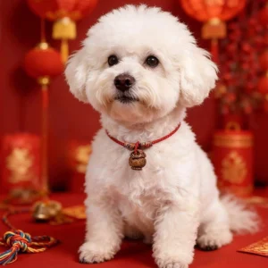 Red string peach pit pet collar worn by white puppy in festive Chinese New Year setting