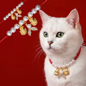 Red string pearl lucky cat fish tail pet collar front view with golden charms on solid background