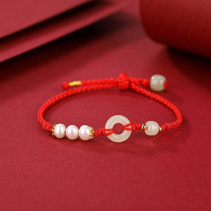 Red string pearl peace buckle bracelet with aligned pearls and jade beads