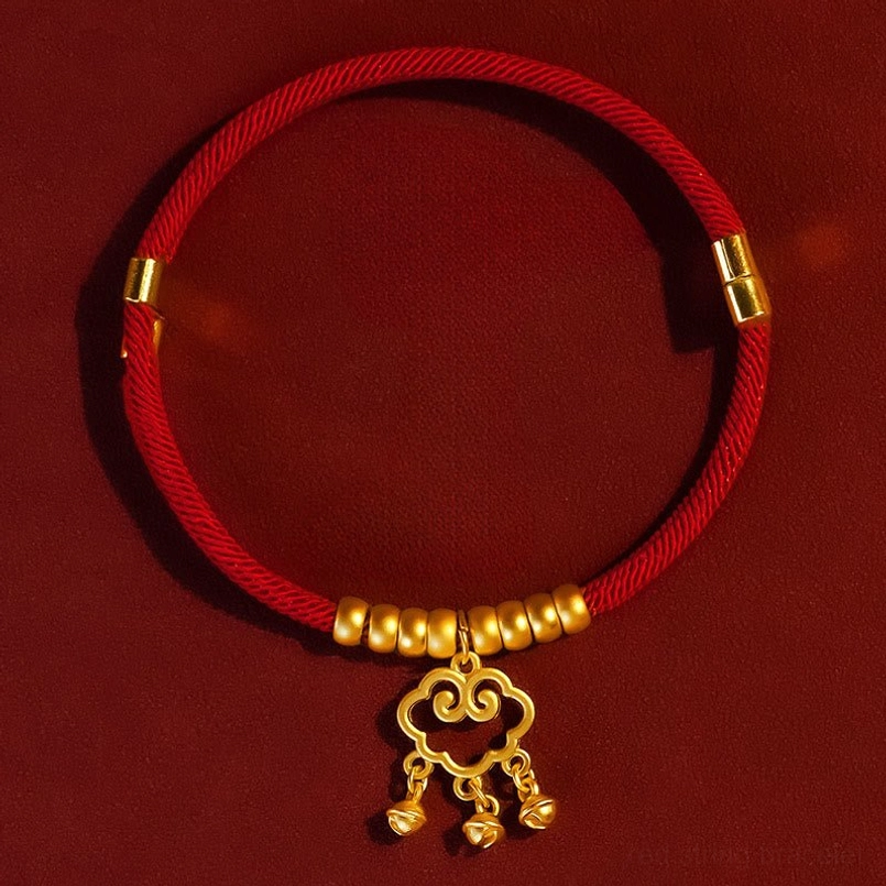 Red pet collar with auspicious cloud ruyi lock pendant, gold beads and bell charm