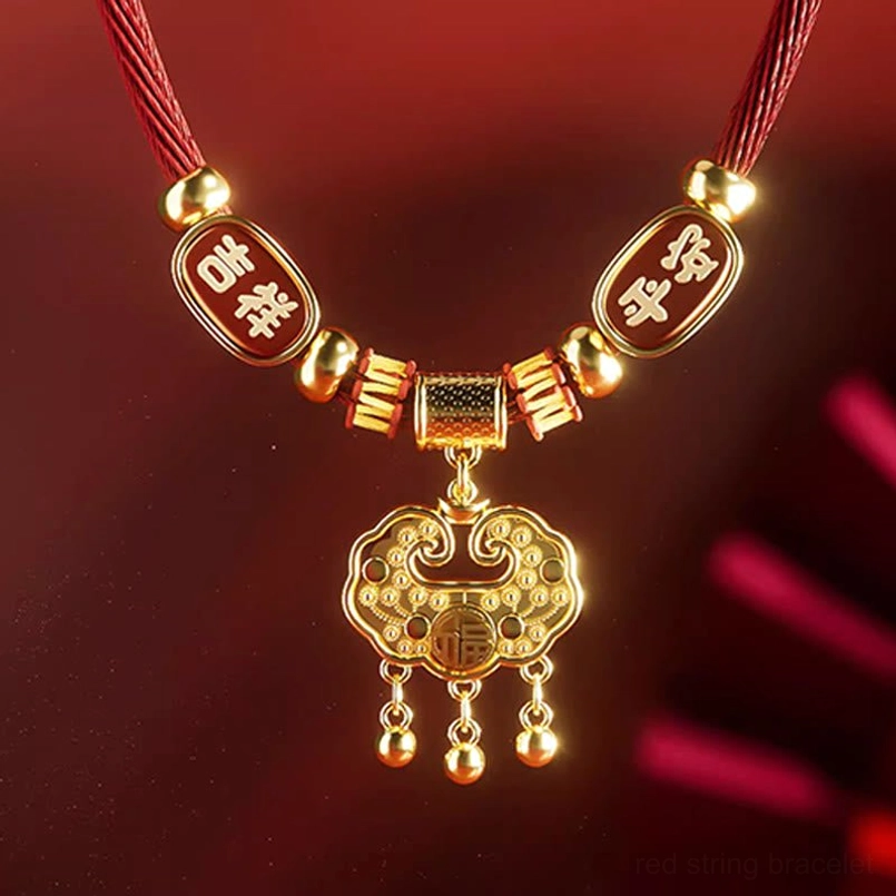 Close-up detail of red pet collar with 吉祥 平安 charms gold fu character longevity lock beads