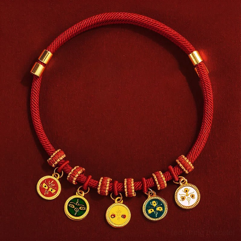 Five directions gods of wealth pet collar red string with ornate gold blessing pendant