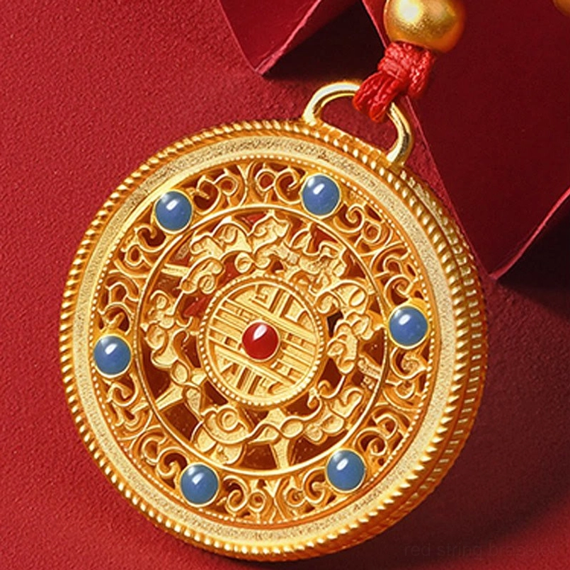 Red string pet collar five directions gods of wealth gold pendant with blessing beads